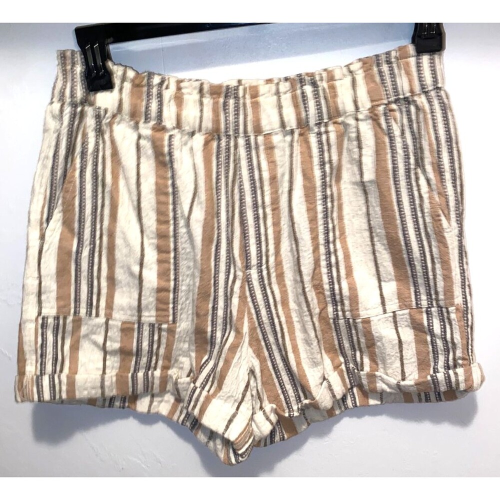 Lucky Brand Shorts Womens sz M Biege Rainbow Striped Pull On Coastal Beach Linen